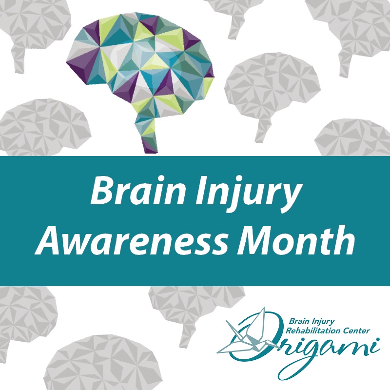 Brain Injury Awareness Month graphic with grey brains and a multi colored brain in the background