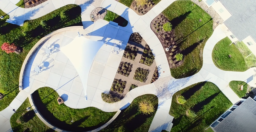 Origami's greenspace in the center of campus