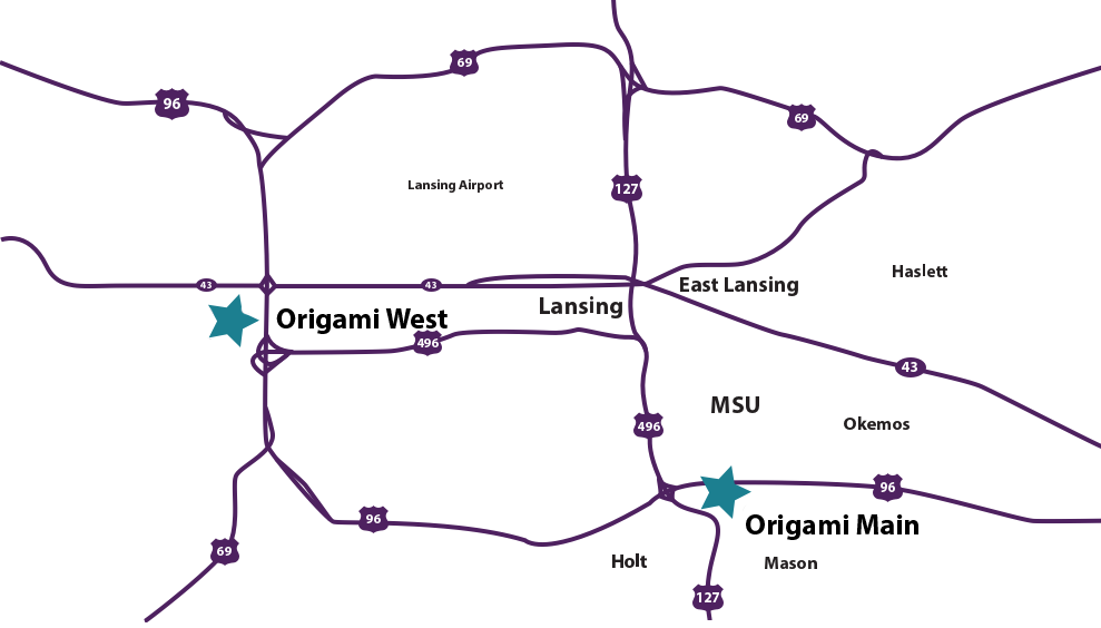 Map of Origami Rehabilitation locations in the Lansing/Mason, Michigan area